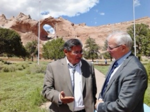 Navajo Nation President Ben Shelly visits with Salt River Project Vice President John Hoopes after Shelly signed NGS lease renewal at the Navajo Nation Veterans Memorial Park on July 30, 2013, in Window Rock, Ariz. Photo by Marley Shebala
